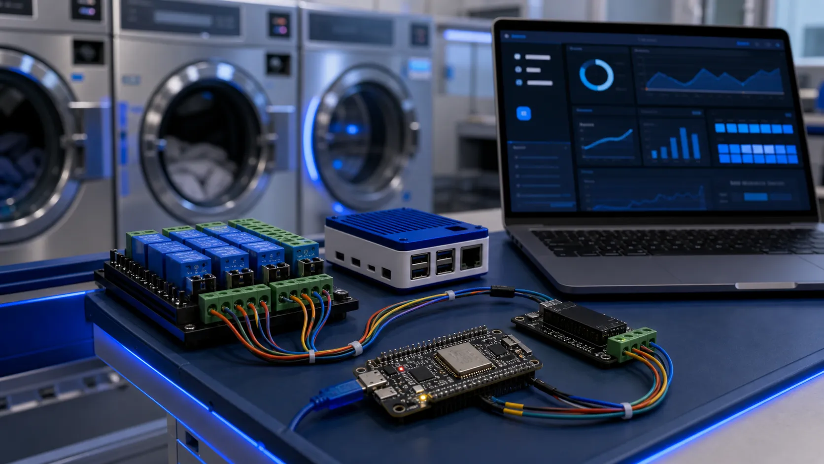 Mesa de ingeniería con ESP32, gateway local y supervisión IoT para una lavandería