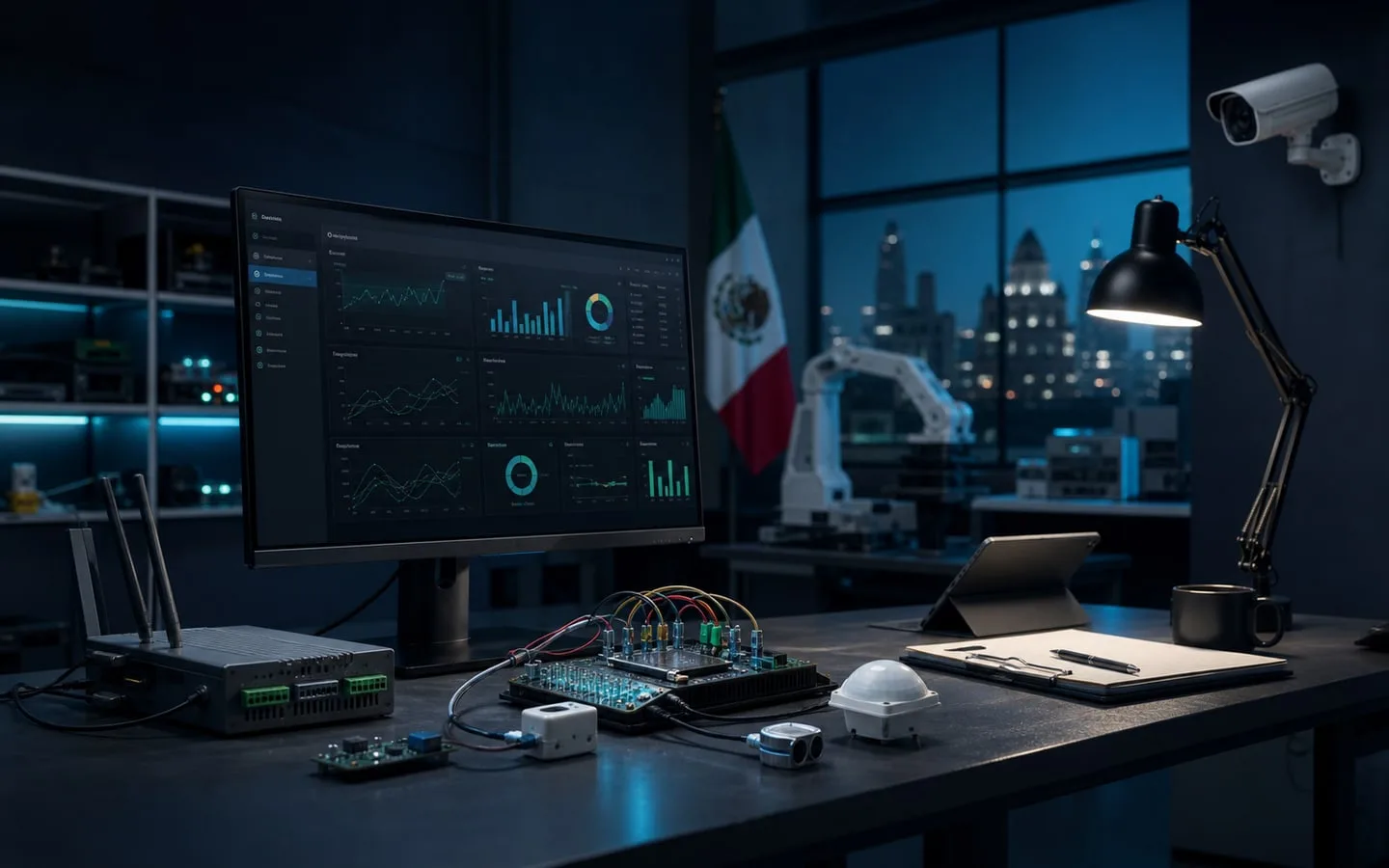 Imagen conceptual de un estudio de ingeniería con software, automatización y videovigilancia