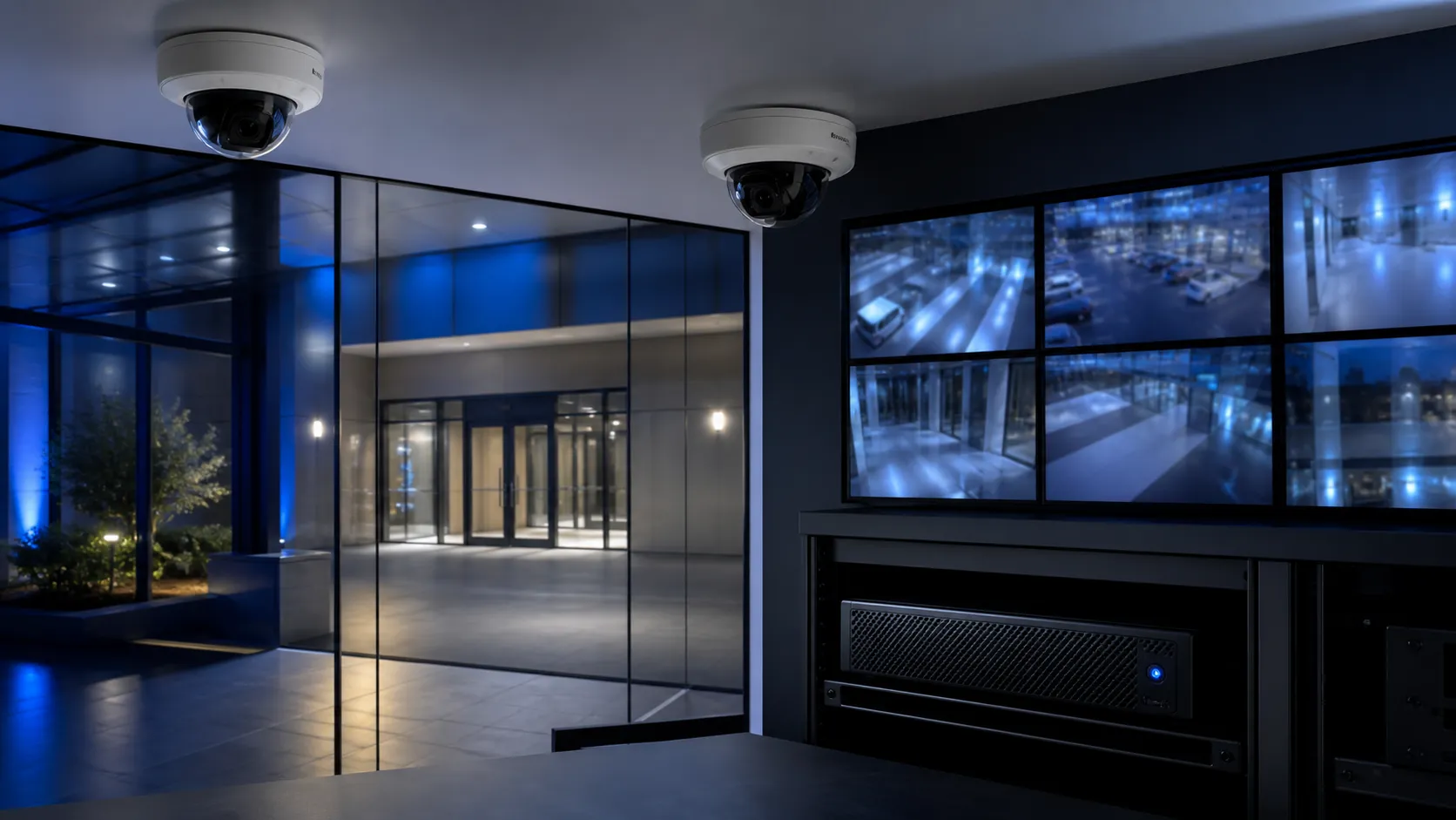 Imagen conceptual de una instalación profesional de videovigilancia y grabación