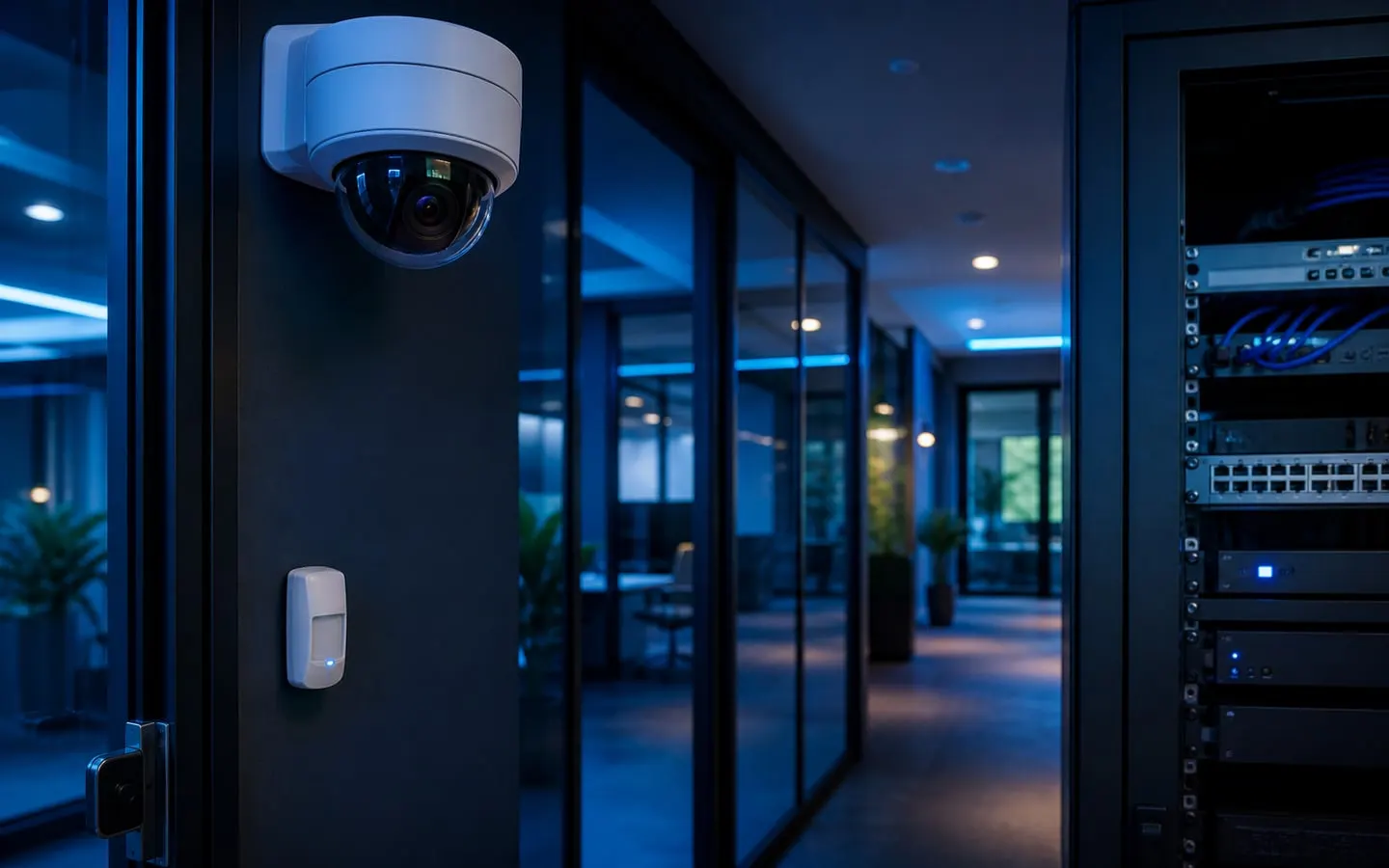 Imagen conceptual de cámaras, sensores y equipo de seguridad electrónica
